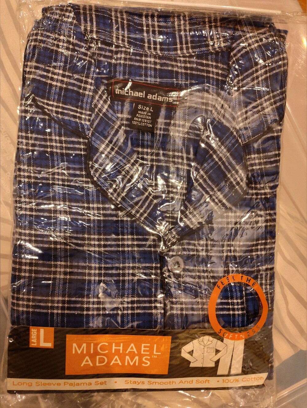Men's Blue Plaid Long Sleeve Plaid Pajamas- Large